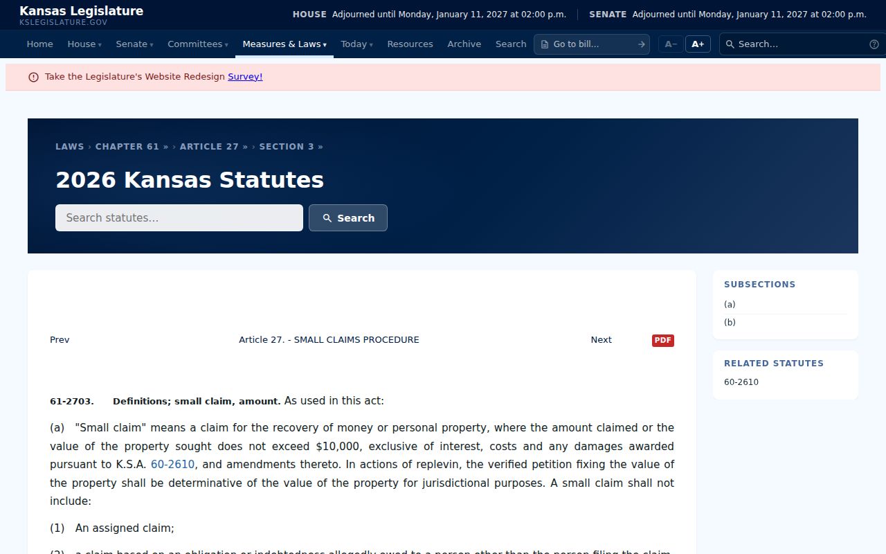 Neosho County civil docket Kansas small claims statute