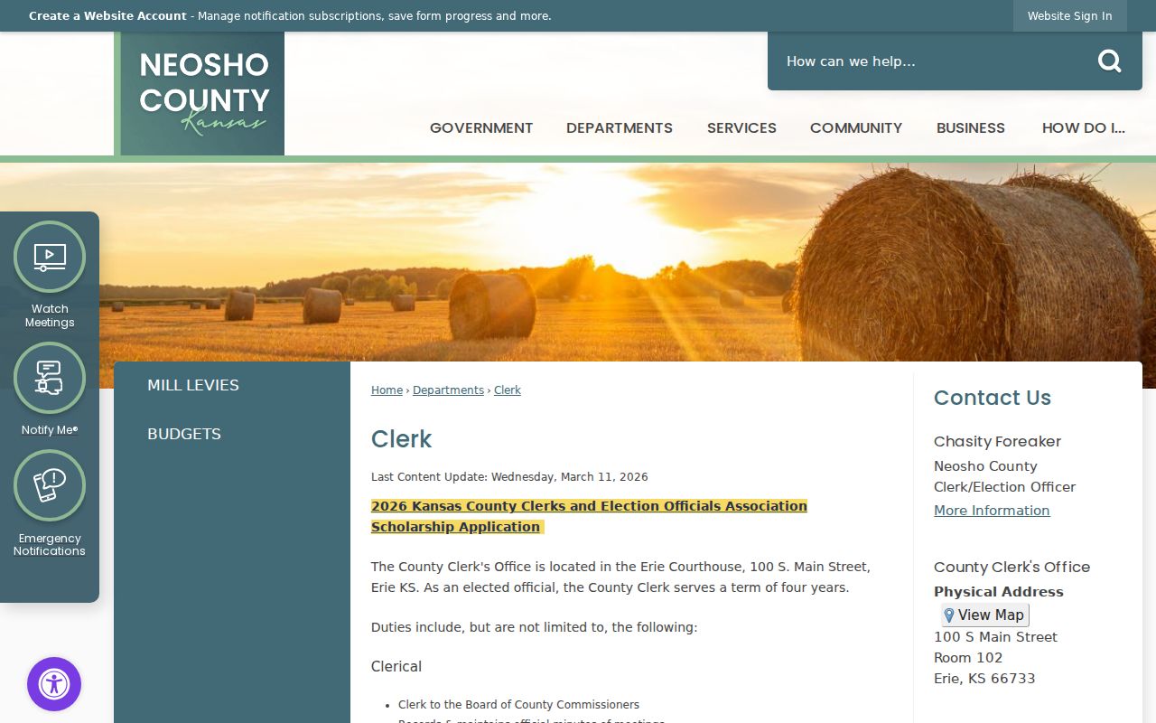 Neosho County Clerk page showing the separate county administrative records office