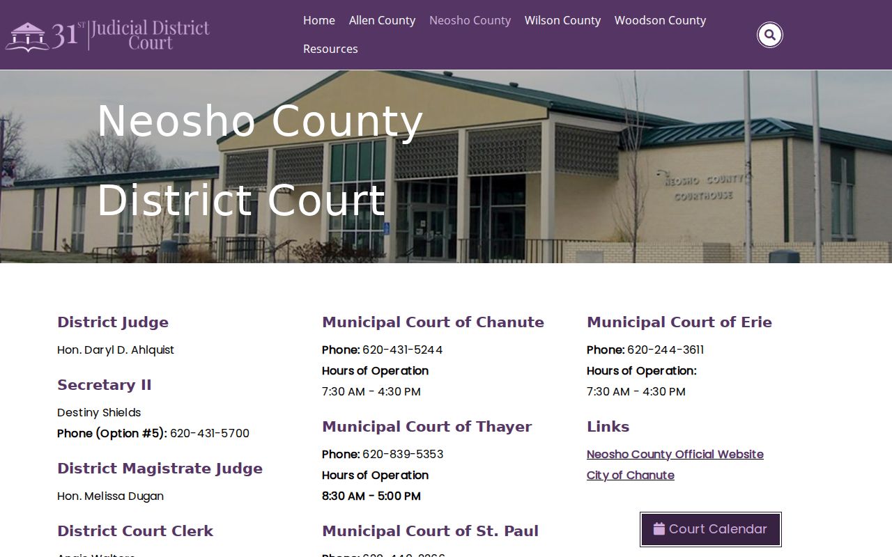 Official Neosho County District Court page listing Chanute and Erie offices